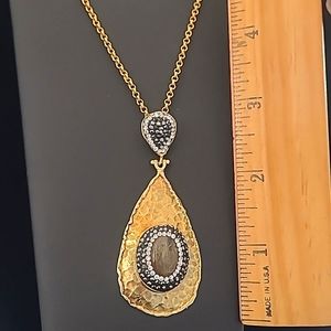 Genuine Oval Labradorite Swarovski black & Clear crystals YG necklace pendant